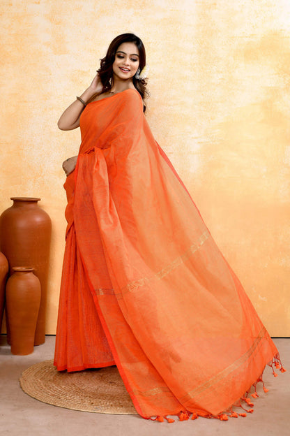 Piyari Fashion Women's Orange Embellished Cotton Blend Zari Check Handloom Saree