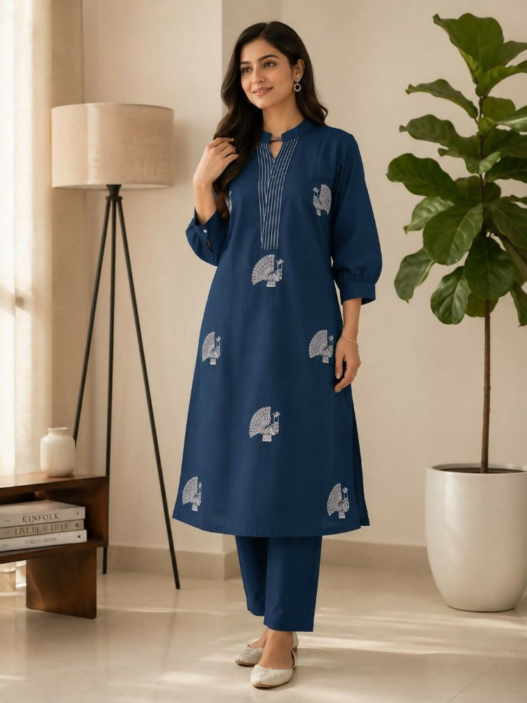 Teeya Creation Women Blue Cotton Printed Kurta with Trousers Co-ord Set