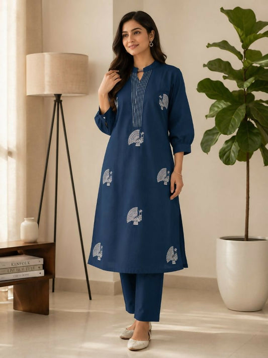Teeya Creation Women Blue Cotton Printed Kurta with Trousers Co-ord Set