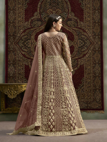 Anaita Coffee Embroidered Net Anarkali Suit