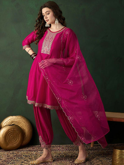 The52 Women's Beautiful Embroidery Work Vichitra Fabric A-line Kurta Pant and Dupatta Set-Pink