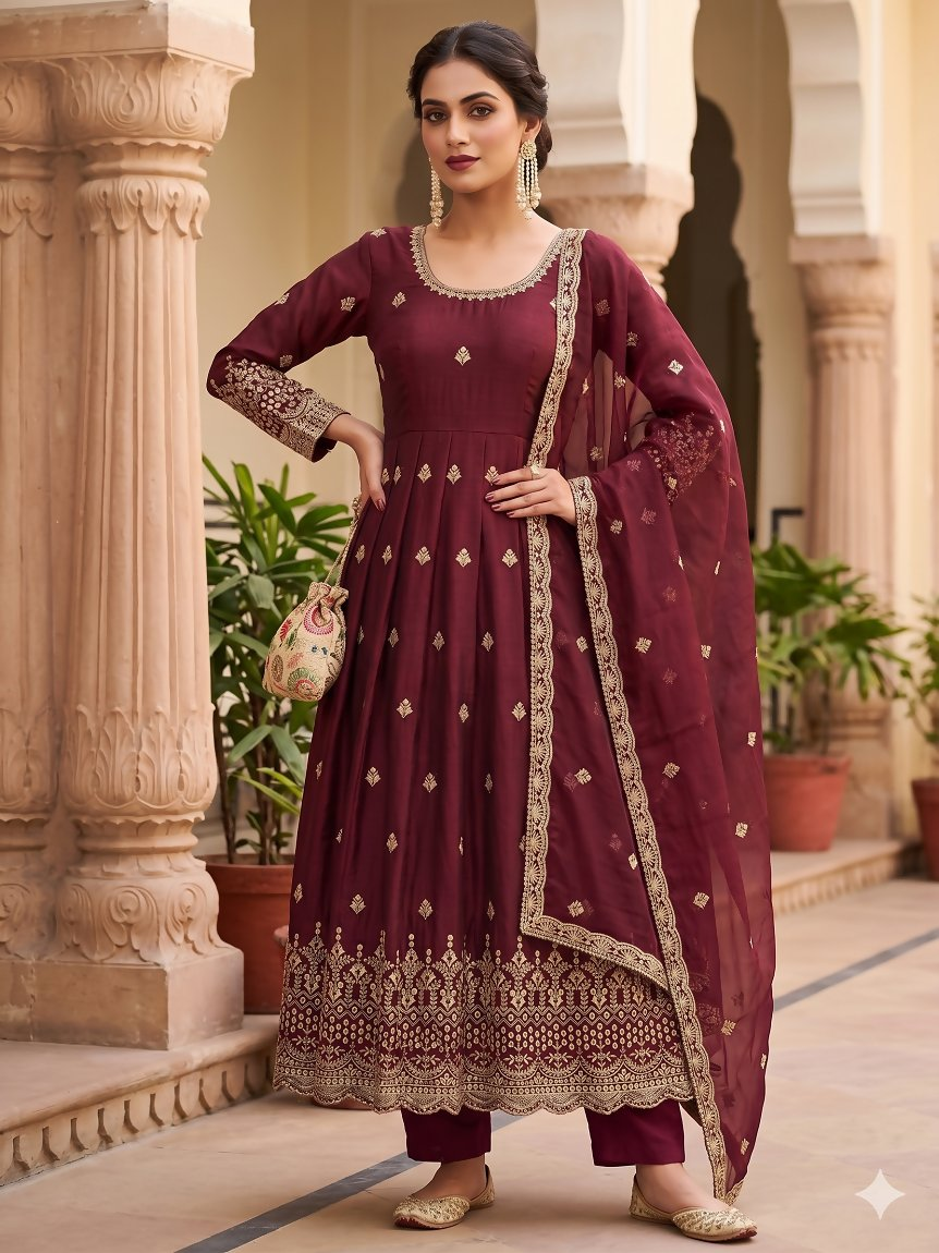 Teeya Creation Womens New Regal Maroon Embroidered Anarkali Gown Set