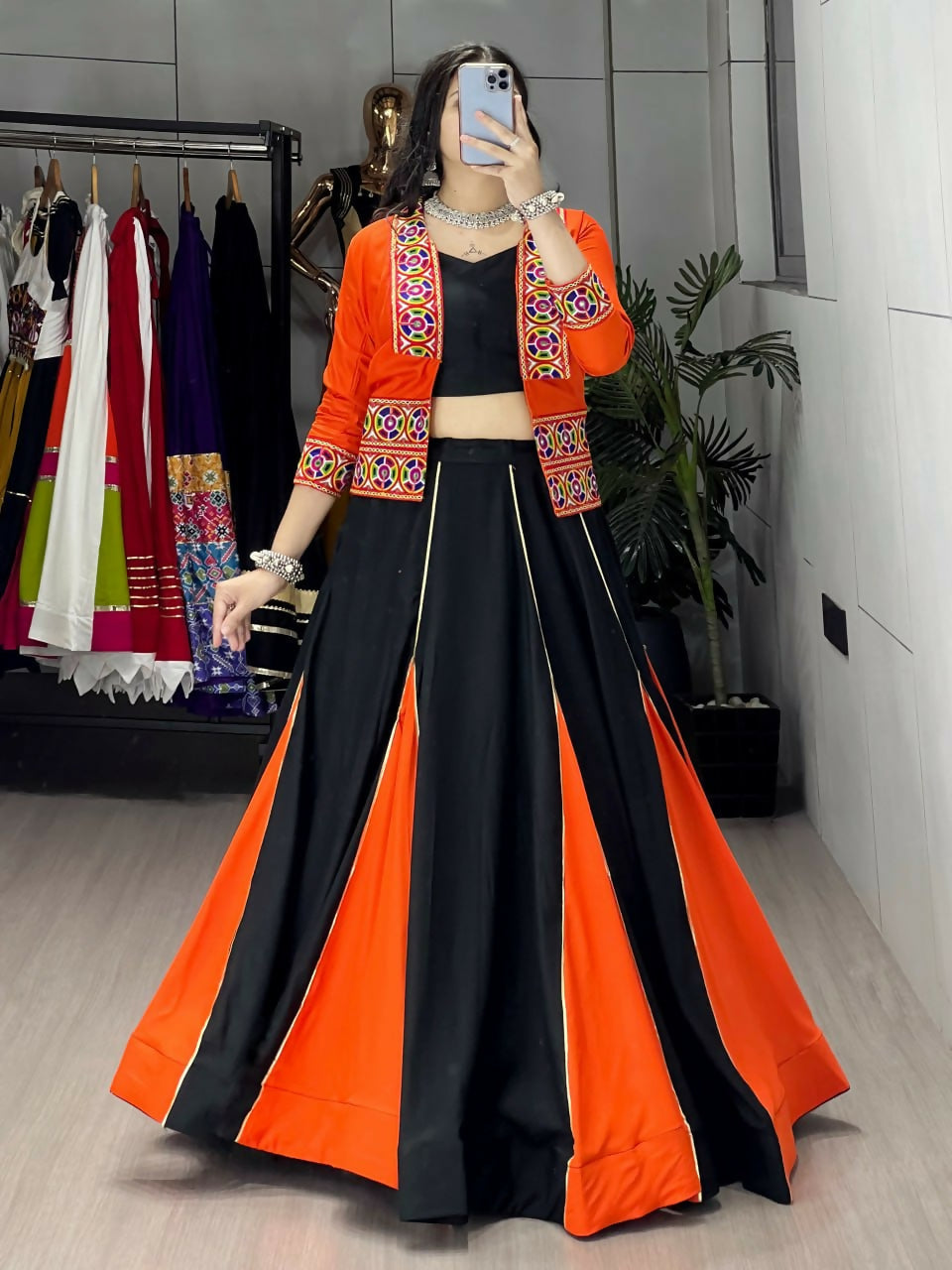 Yash Enterprise Orange Colored Rayon Cotton Embroidery Semi Stitched Navratri Top Chaniya Choli