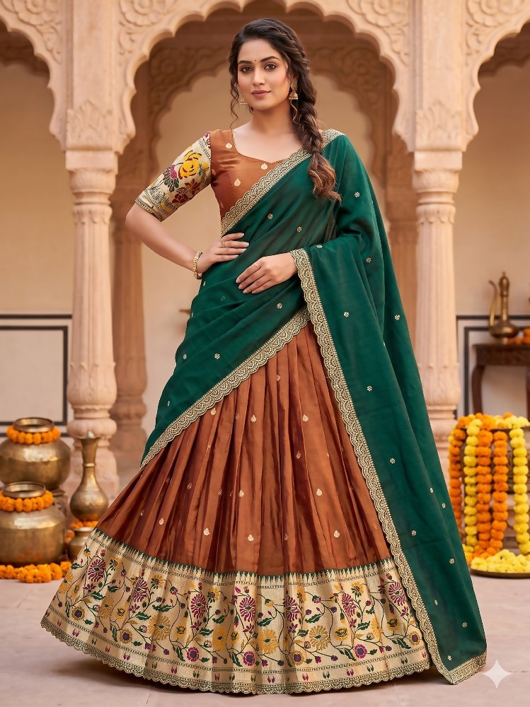 Teeya Creation Elegant Copper Brown Lehenga with Rich Emerald Green Contrast Dupatta