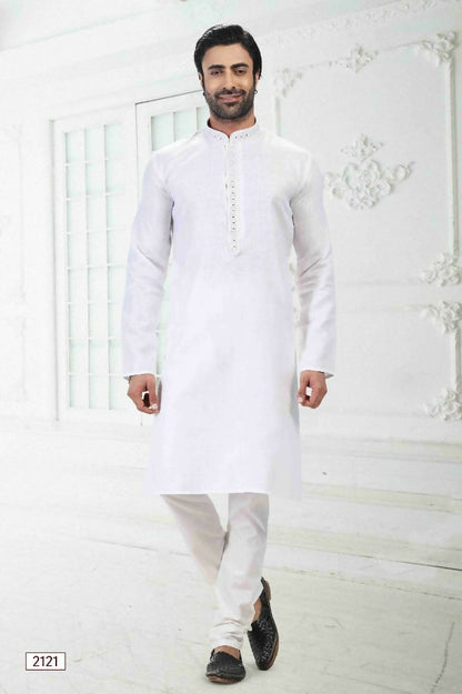 Raivat Ethnic Linen Cotton Thread Work Kurta Pajama In Off White Colour