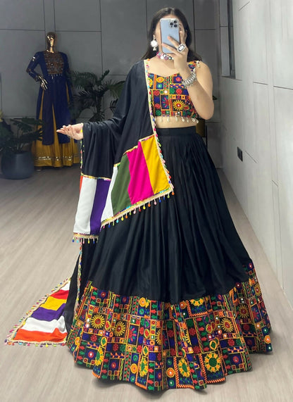 Yash Enterprise Black Rayon Cotton Embroidery Semi Stitched Navratri Chaniya Choli