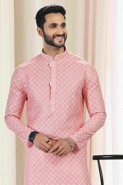 Raivat Ethnic Cotton Thread Work Kurta Pajama In Orange Colour
