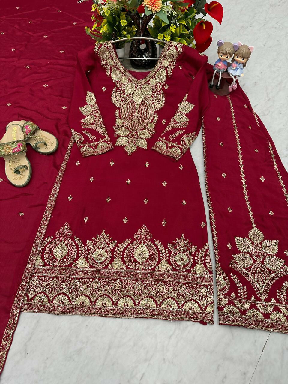 Teeya Creation Womens New Wedding Wear Heavy Embroidery Thread Work Maroon Kurta Set