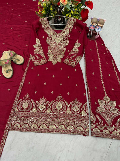 Teeya Creation Womens New Wedding Wear Heavy Embroidery Thread Work Maroon Kurta Set