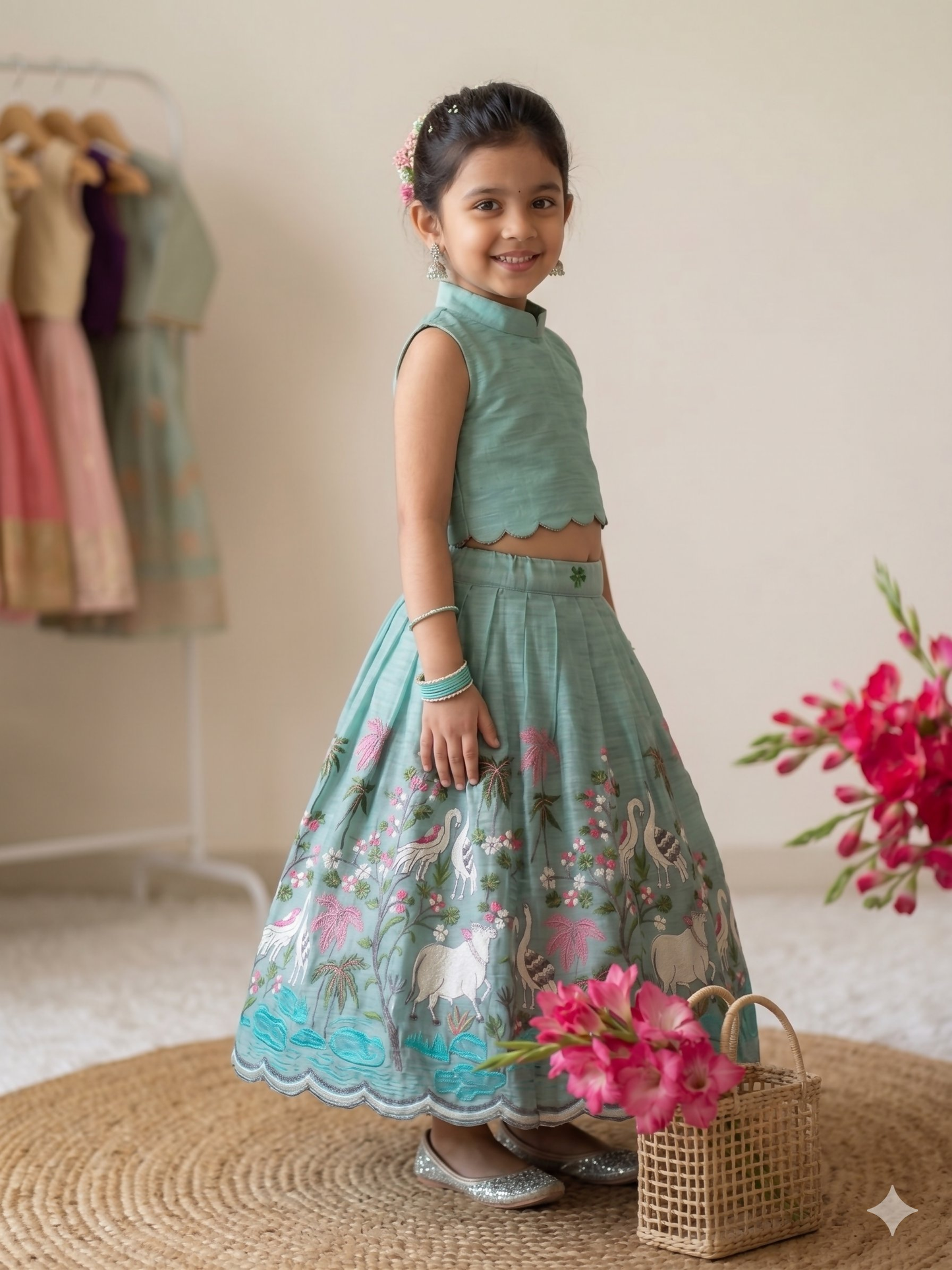 Teeya Creation New Girls Sky Blue Pichwai Embroidered Lehenga Choli Set-Blue