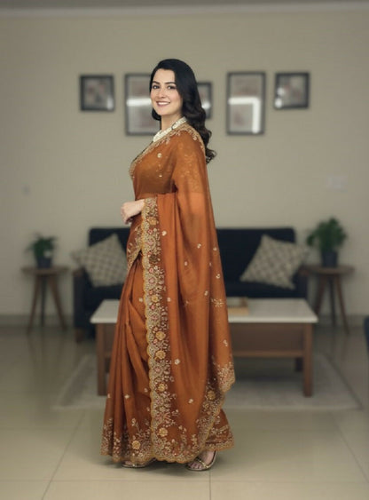 Teeya Creation New Trendy Stylish Party Wear Silk Saree-Orange