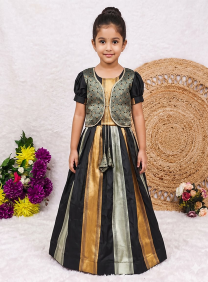 Teeya Creation New Kids Trendy Jet Black Traditional Langa Voni Lehenga Set With Zari Koti Jacket-Black