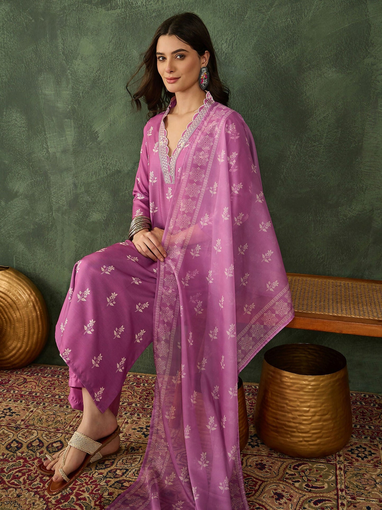 The52 Women's Gorgeous Rayon Fabric Printed Work Straight Kurta Pant and Dupatta Set-Onion