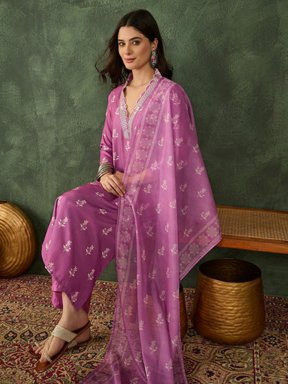 The52 Women's Gorgeous Rayon Fabric Printed Work Straight Kurta Pant and Dupatta Set-Onion