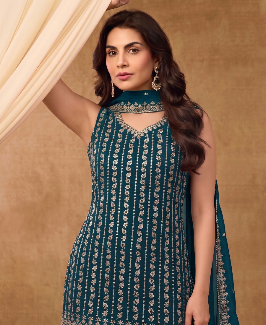 KC Latest Cocktail Wear Aqua Blue Chinon Sharara Suit For Women
