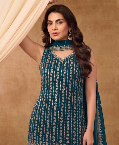 KC Latest Cocktail Wear Aqua Blue Chinon Sharara Suit For Women