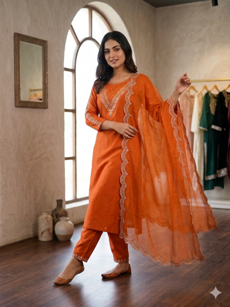 Teeya Creation New Womens Orange Straight Cut Kurta Set with Scalloped Embroidered Organza Dupatta Set