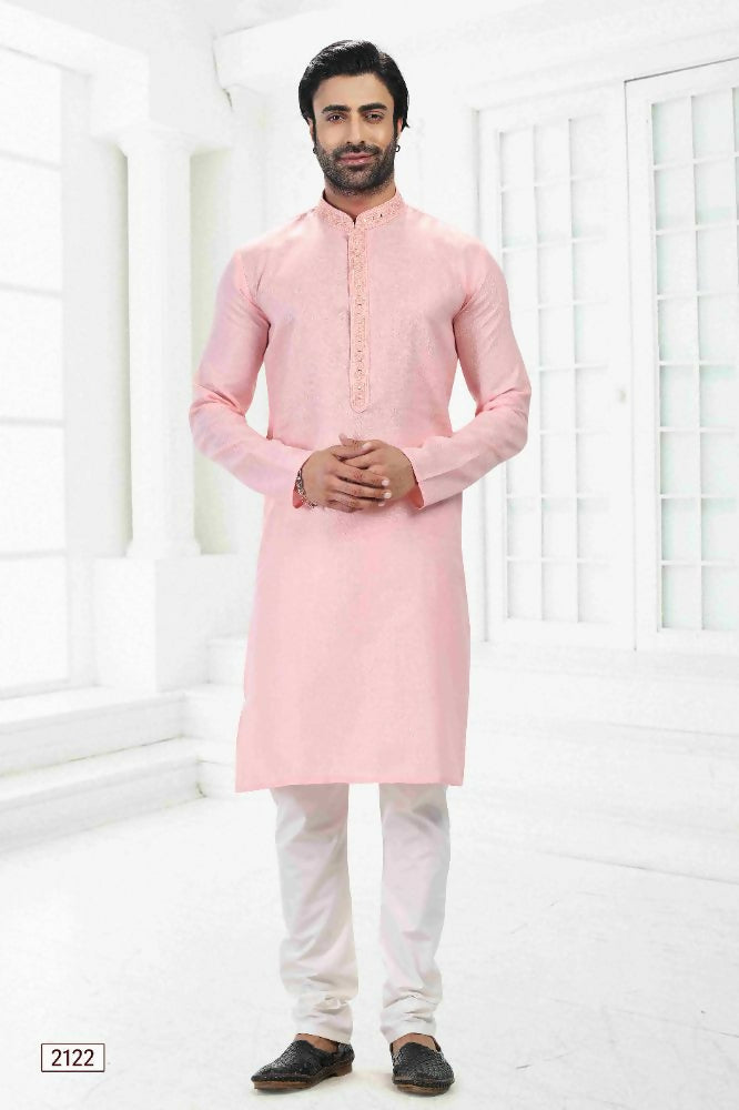Raivat Ethnic Linen Cotton Thread Work Kurta Pajama In Pink Colour