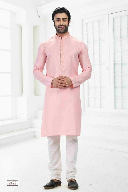 Raivat Ethnic Linen Cotton Thread Work Kurta Pajama In Pink Colour