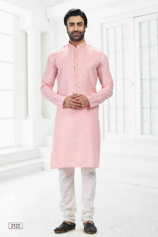 Raivat Ethnic Linen Cotton Thread Work Kurta Pajama In Pink Colour