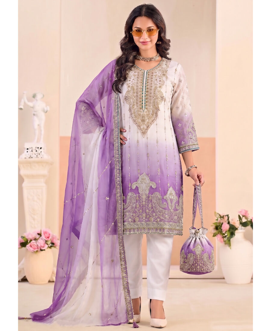 KC Designer Purple Ombre Straight Suit For Women With Hand Embroidery