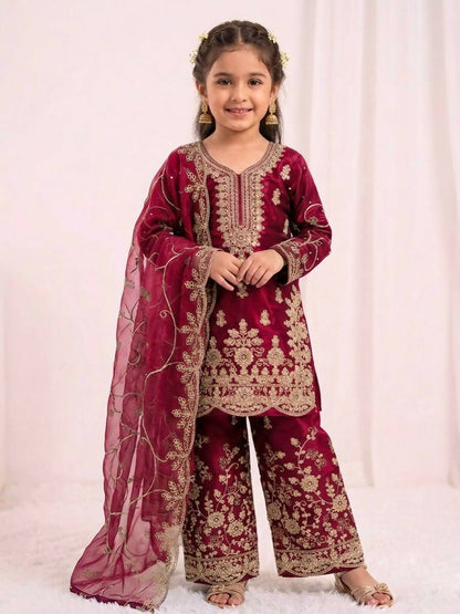 Teeya Creation Girls Heavy Embroidery Pink Ethnic Kurta And Palazzo Set With Net Dupatta