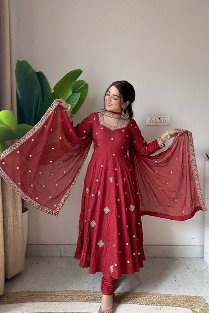 Teeya Creation New Trendy Elegant Red Embroidered Anarkali Suit with Dupatta
