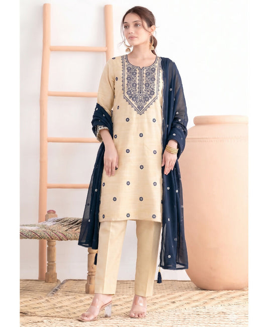 KC Khadi Cotton White Suit With Blue Dupatta 3 Piece Pair For Women
