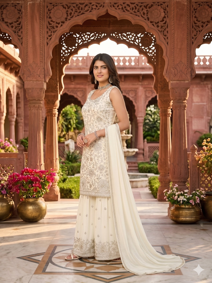 Teeya Creation Women's Georgette White Embroidered Sharara Set With Sequence Work And Lace Border Dupatta