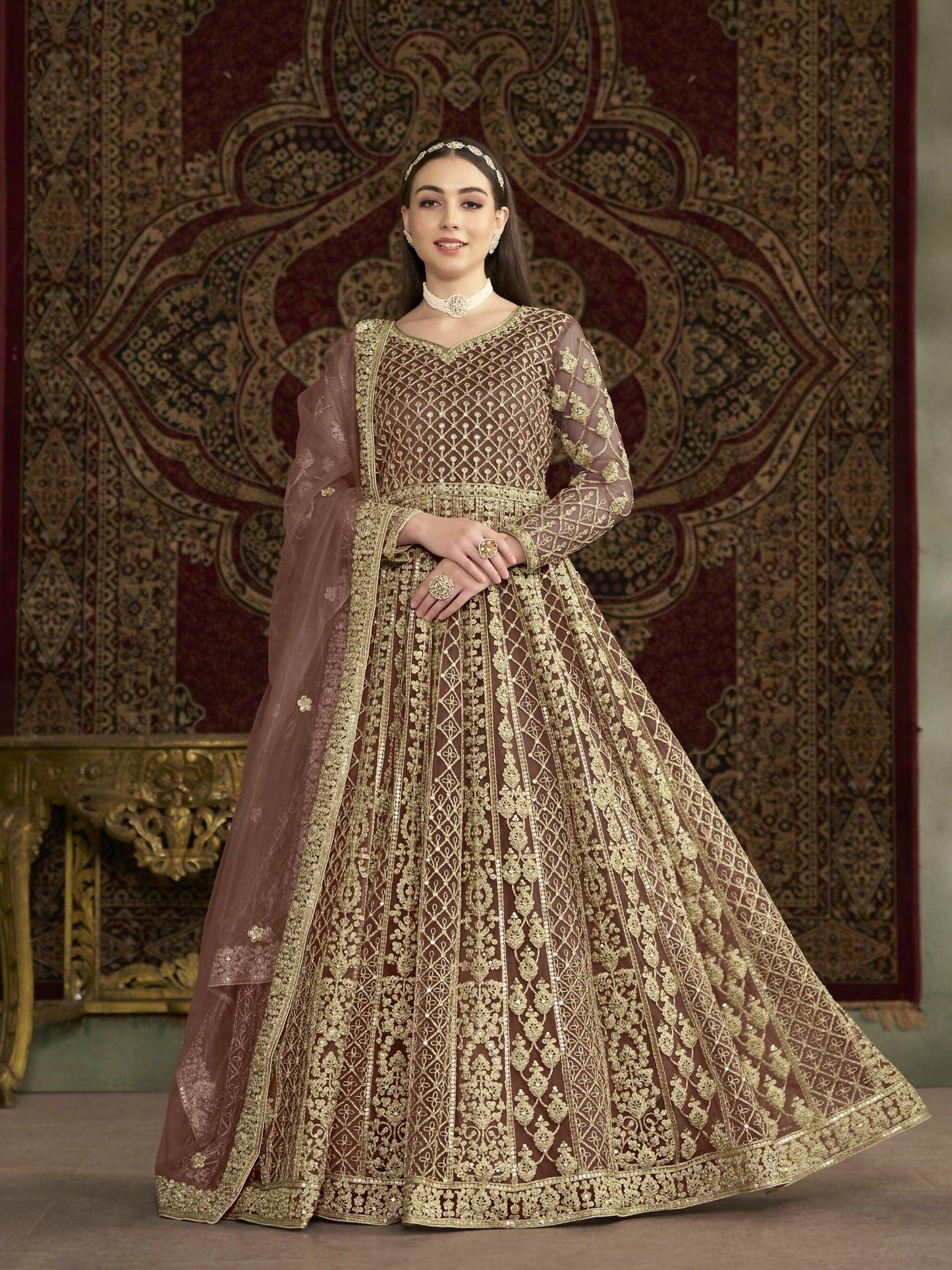 Anaita Coffee Embroidered Net Anarkali Suit