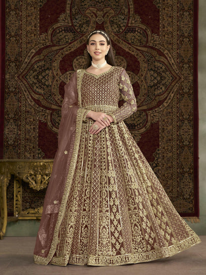 Anaita Coffee Embroidered Net Anarkali Suit