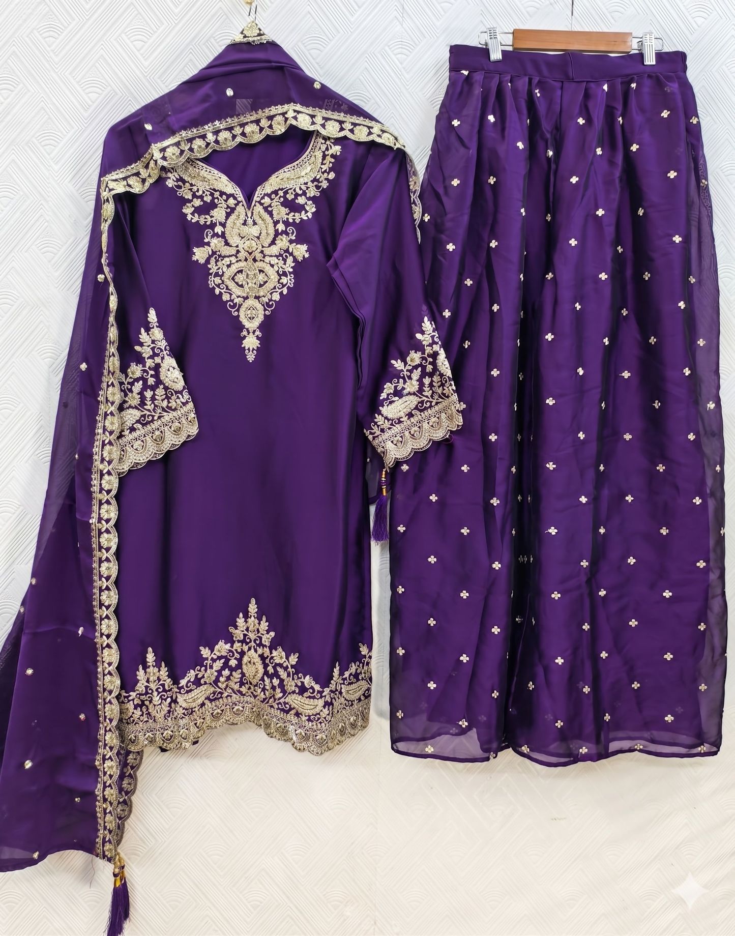 Teeya Creation Womens New Stylish Silk Embroidered Purple Sharara Suit With Golden Zari Work And Lace Border Dupatta