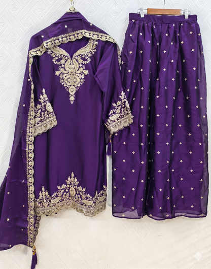 Teeya Creation Womens New Stylish Silk Embroidered Purple Sharara Suit With Golden Zari Work And Lace Border Dupatta