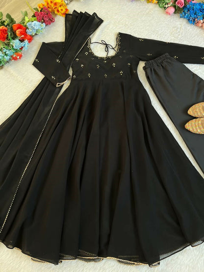 Teeya Creation New Party Wear Look Gerorrget Gown With Pant Dupatta Set - Black