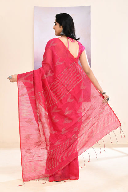 Piyari Fashion Women's Pink Embellished Cotton Blend Jamdani Saree