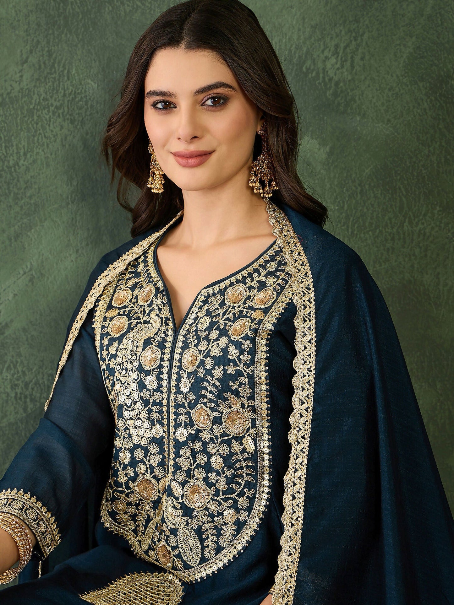 The52 Women's Beautiful Embroidery Work Vichitra Silk Fabric Flared Kurta Pant and Dupatta Set-Petrol