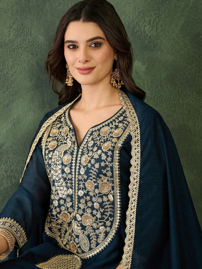 The52 Women's Beautiful Embroidery Work Vichitra Silk Fabric Flared Kurta Pant and Dupatta Set-Petrol