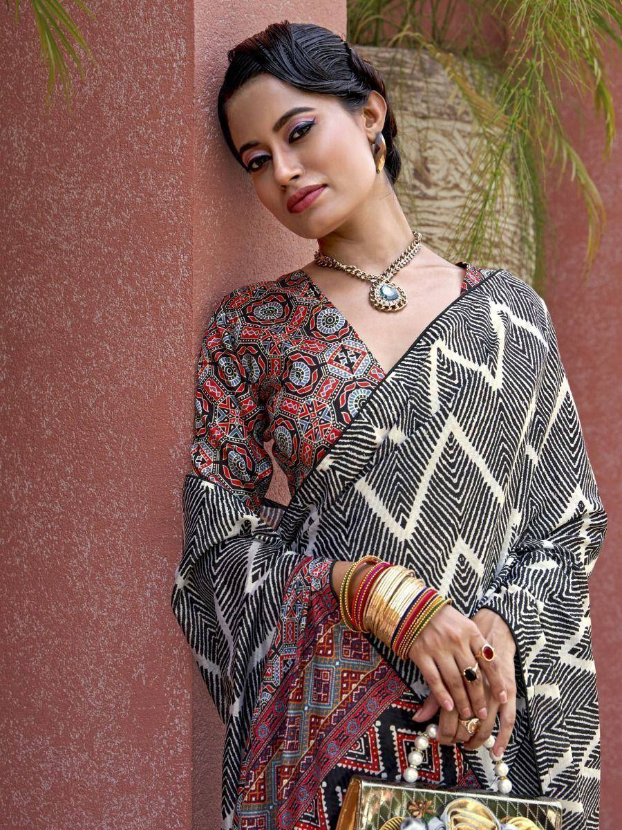Tulsi Art Captivating Black Digital Printed Crepe Event Wear Saree With Blouse