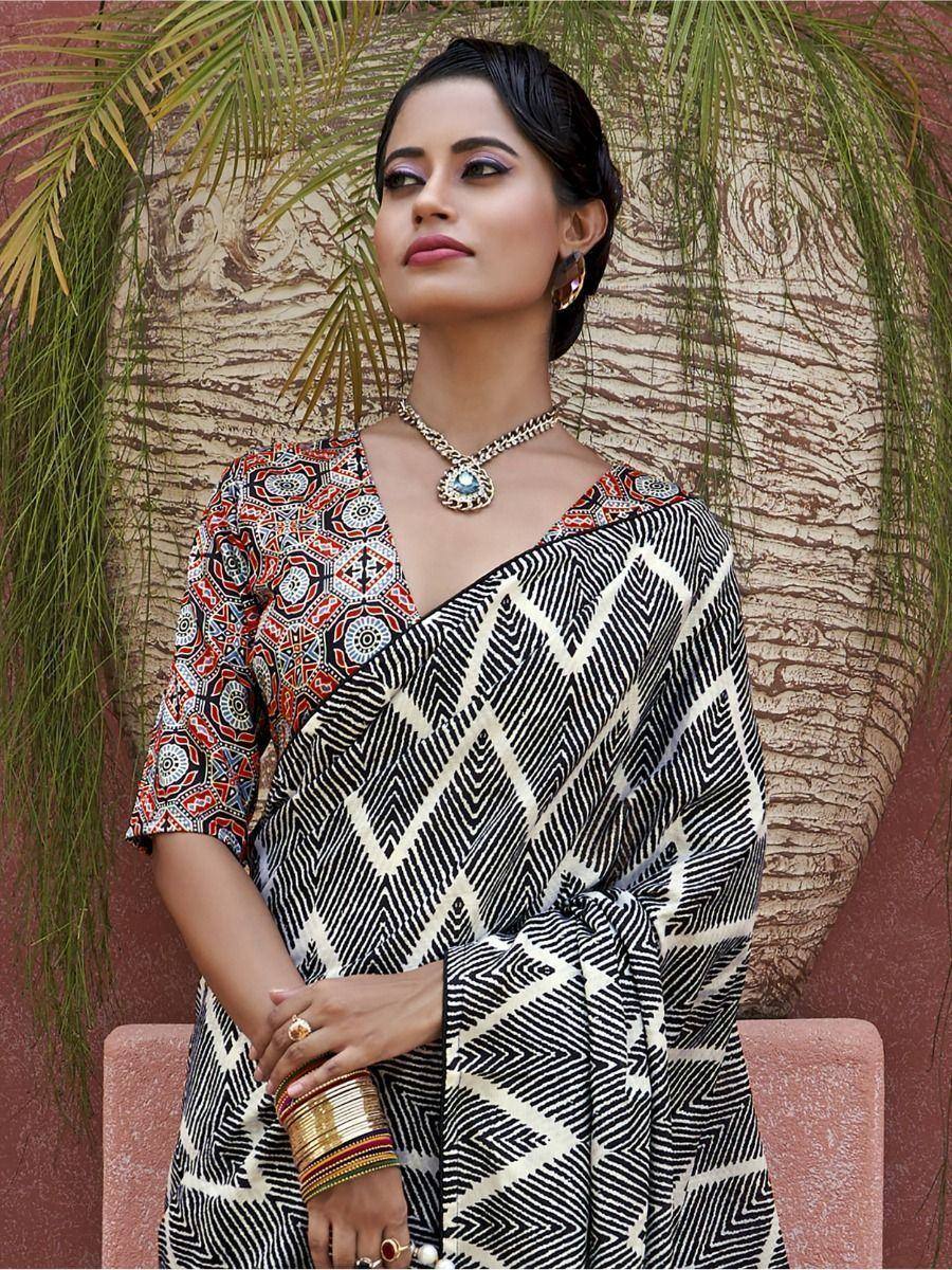 Tulsi Art Captivating Black Digital Printed Crepe Event Wear Saree With Blouse