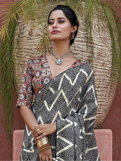 Tulsi Art Captivating Black Digital Printed Crepe Event Wear Saree With Blouse