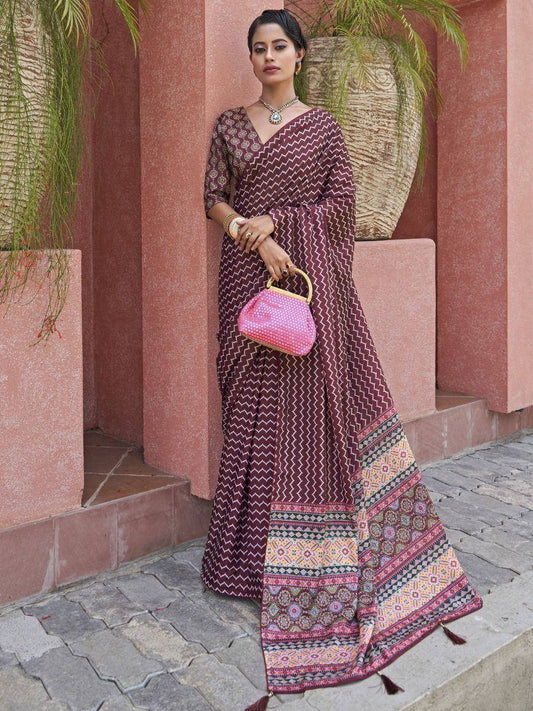 Tulsi Art Magnificent Wine Digital Printed Crepe Festival Wear Saree With Blouse