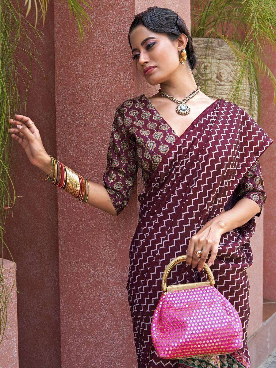 Tulsi Art Magnificent Wine Digital Printed Crepe Festival Wear Saree With Blouse