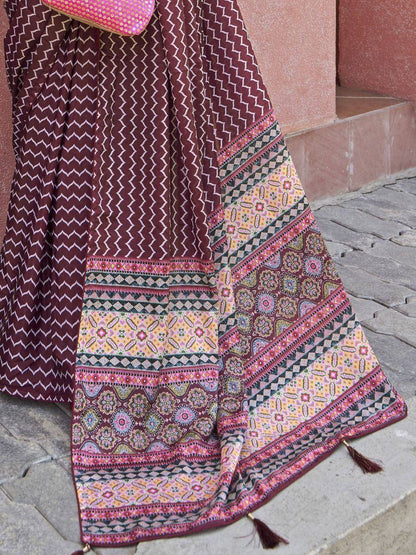 Tulsi Art Magnificent Wine Digital Printed Crepe Festival Wear Saree With Blouse