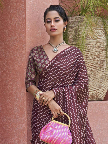 Tulsi Art Magnificent Wine Digital Printed Crepe Festival Wear Saree With Blouse