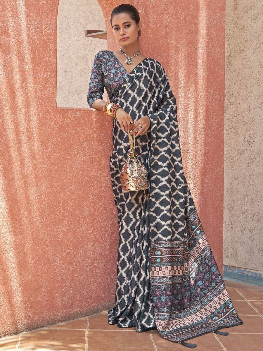 Tulsi Art Embrace Grey Digital Printed Crepe Festivities Saree & Blouse