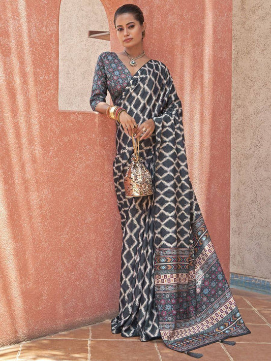 Tulsi Art Embrace Grey Digital Printed Crepe Festivities Saree & Blouse
