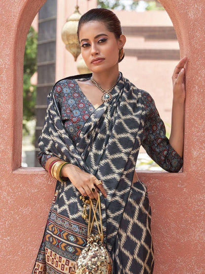 Tulsi Art Embrace Grey Digital Printed Crepe Festivities Saree & Blouse
