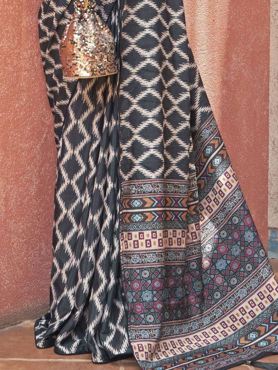 Tulsi Art Embrace Grey Digital Printed Crepe Festivities Saree & Blouse