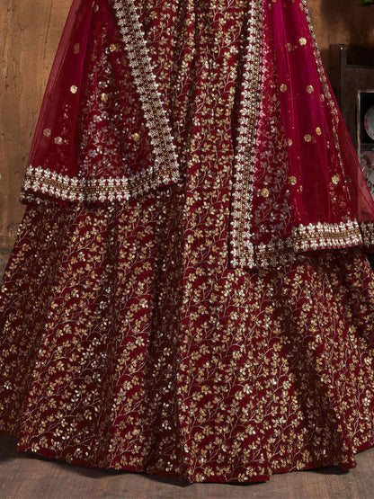 Tulsi Art Maroon Zari Embroidery Raw Silk Wedding Lehenga Choli With Dupatta