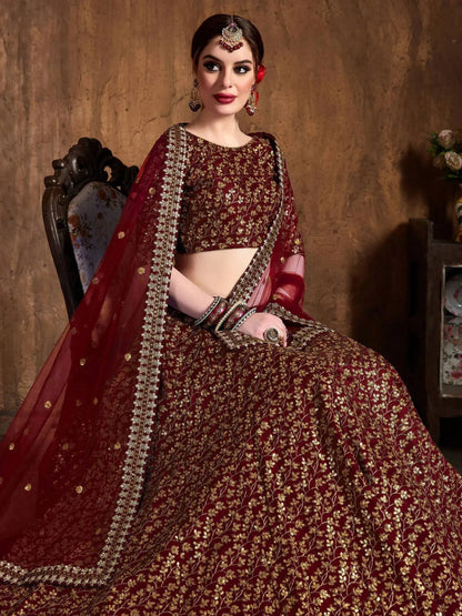 Tulsi Art Maroon Zari Embroidery Raw Silk Wedding Lehenga Choli With Dupatta